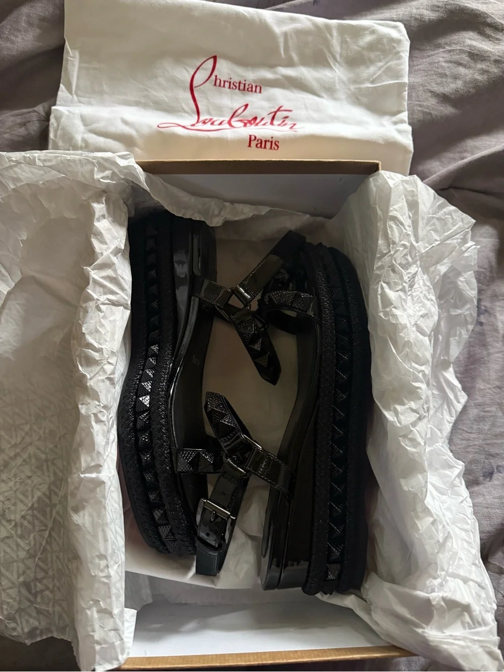 Christian Louboutin Black Patent Platform Studded Sandals pyraclou NEW